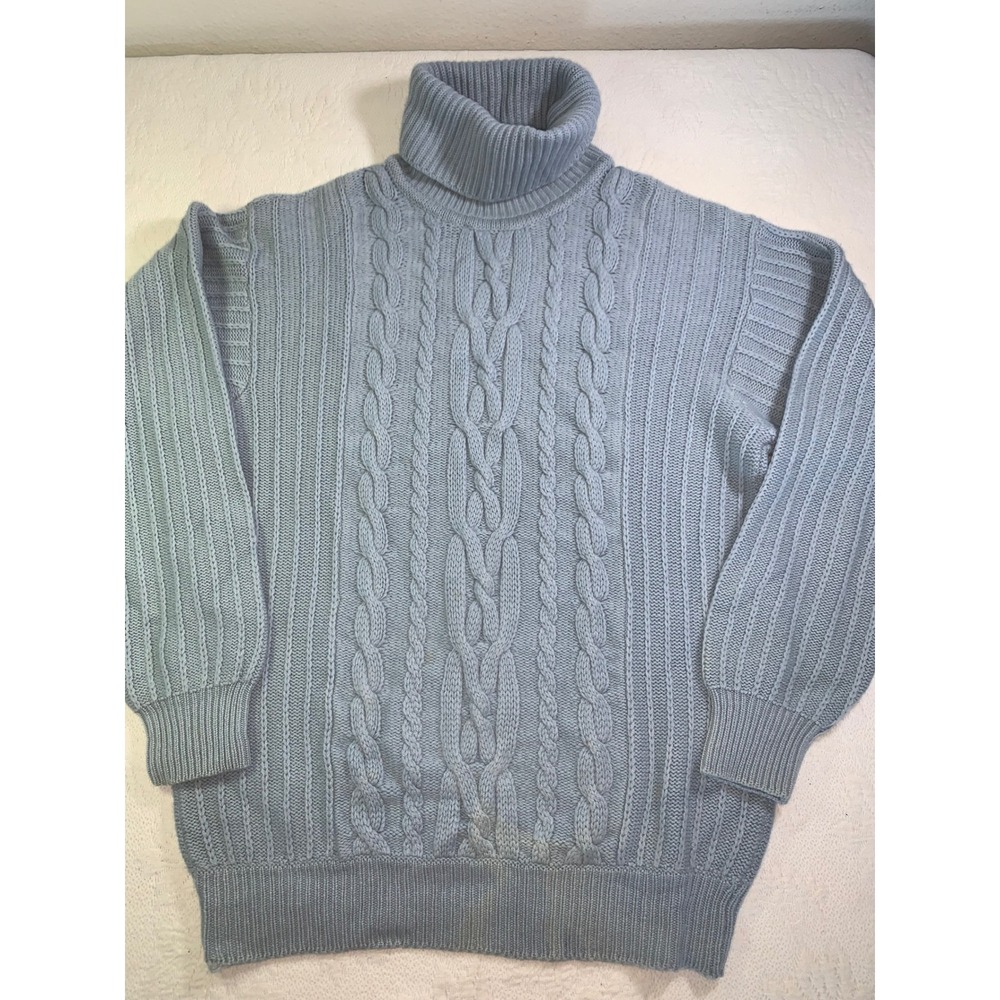 Vintage Gucci 100% Cashmere Turtleneck Sweater Blue Cable Knit Italy Size 40